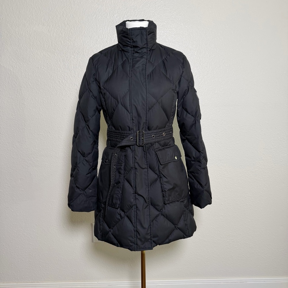 Burberry Navy Quilted Down Coat w Detachable Hood Belted (S)